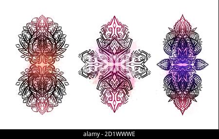 Set of tribal boho ornaments with soft watercolor splashes. Native object is separate from the background. Vector henna element for tattoos, yoga mats Stock Vector