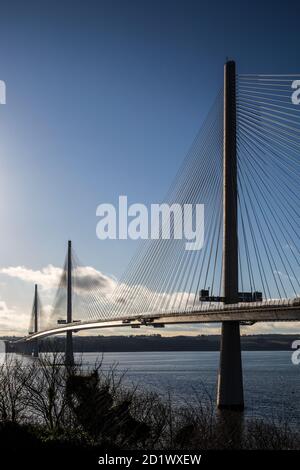 Queensferry Crossing, Scotland - a structure across the Firth of Forth, spans 1.7 miles (2.7km) making it the longest three-tower, cable-stayed bridge in the world. It opened to the public in August 2017. Stock Photo