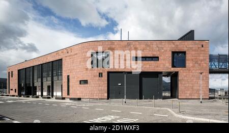 Facade of Brodick Ferry Terminal, clad in red sandstone, Isle of Arran, Scotland, UK. Stock Photo