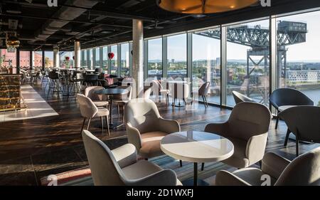 Interior view of the Red Sky Bar of the 174-room Radisson RED Hotel overlooking the river Clyde, Glasgow, Scotland, UK. Stock Photo