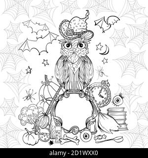 Halloween coloring page with owl in hat. Witch tools and spider web for Halloween Holiday. Vector black outline contour illustration isolated on white Stock Vector