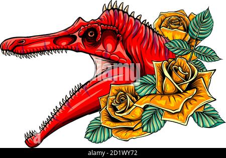 dragon head with roses and flower vetor illustration Stock Vector