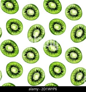 Kiwi pattern, seamless vector watercolor background, tropical fruits in watercolor paint drawing texture. Kiwi fruits slices pattern, green summer food design for textile or fabric print Stock Vector