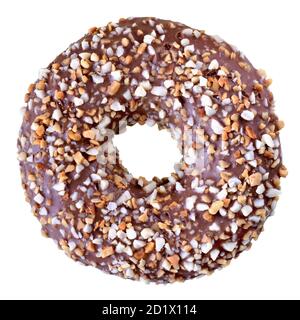 Chocolate glazed donut with nuts flakes isolated on white background top view Stock Photo