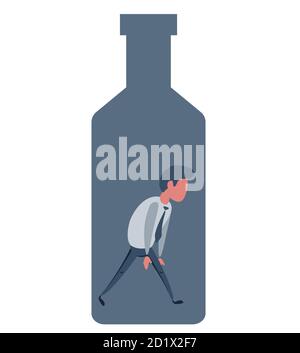 Alcohol and addiction, Young male character trapped inside a bottle, health problems Stock Vector