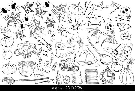 Halloween vector hand drawn icons set. Vector illustration isolated on white blackground. Witch accessories, witches broom, hat, books,candle, pot with potion Stock Vector