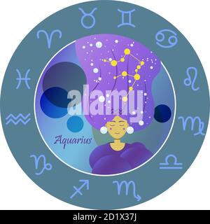 Vector illustration of the zodiac sign by horoscope. A girl with long hair of the starry sky and the constellations of Aries, Taurus, Gemini, cancer, Leo, Virgo, Libra, Scorpio, Sagittarius, Capricorn, Aquarius and Pisces. Astrology with signs and division into the elements of water, earth, fire and air. Stock Vector