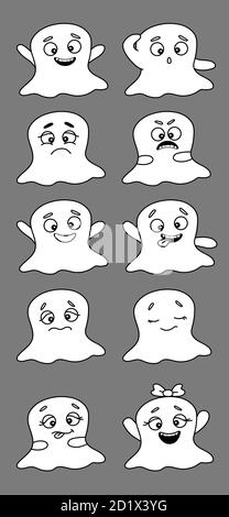 Set of cute ghosts. Happy Halloween. White ghosts with faces and different emotions - anger and joy, surprise and sadness, doubt, sleep and happiness Stock Vector