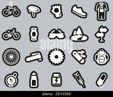 Biking & Biking Equipment Icons White On Black Sticker Set Big Stock Vector