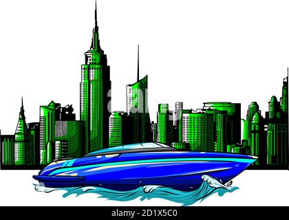 vector Illustration of a luxury private boat on skyscrapers background Stock Vector
