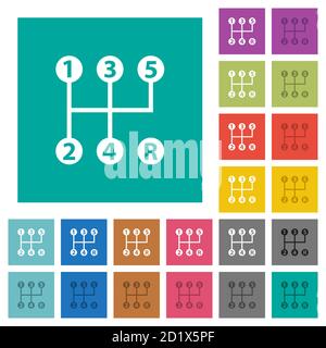 five speed manual gear shift multi colored flat icons on plain square backgrounds. Included white and darker icon variations for hover or active effec Stock Vector