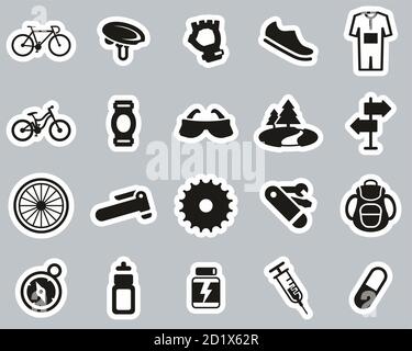 Biking & Biking Equipment Icons Black White Sticker Set Big Stock Vector