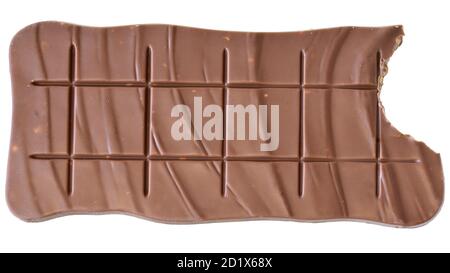 Bitten bar of chocolate top view isolated on a white background. Stock Photo