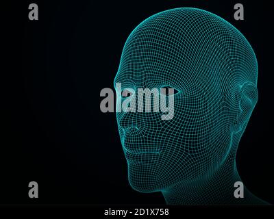 3D vector head from grid. Artificial intelligence. 3D Geometric Face Design. Biometric Illustration Stock Vector