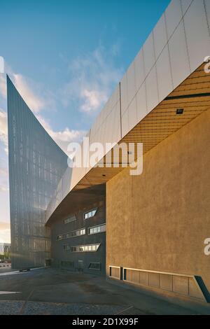 Imperial War Museum North, which represents a shattered globe, was the first building in the UK by Daniel Libeskind. Built on a bomb site, it was completed in 2002 in Salford Quays, Manchester, England, UK. Stock Photo