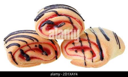Cookies rolls with strawberry jam and chocolate icing isolated on a white background. Stock Photo