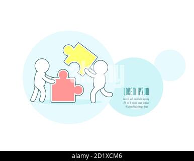 Teamwork, partnership and development concept. Horizontal banner with white simple puppets with puzzle. Two persons with jigsaw part. Little mans with Stock Vector