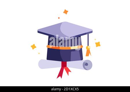 Graduation cap icon with scroll in flat style. Stock Vector