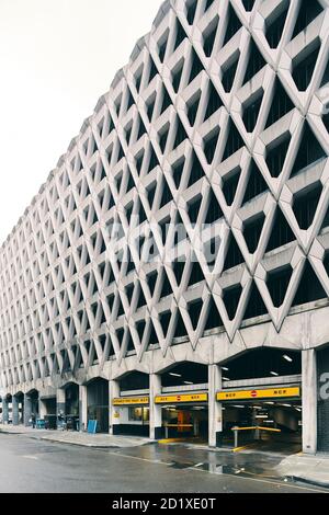 Exterior of Welbeck Street car park in central London, UK, brutalist style concrete exterior, London landmark, demolished in 2019. Stock Photo