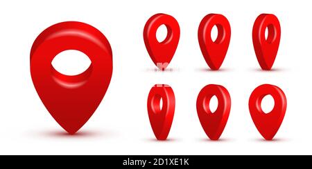 Shiny red realistic map pins set. Vector 3d pointers isolated on white background. Location symbols in various angles Stock Vector