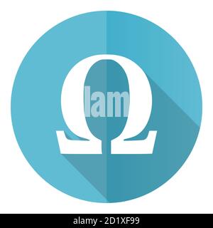 Omega vector icon, flat design blue round web button isolated on white background Stock Vector