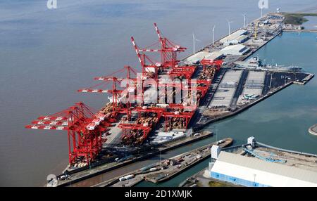 An aerial view of Seaforth Docks, Liverpool, Merseyside, north west England, UK Stock Photo