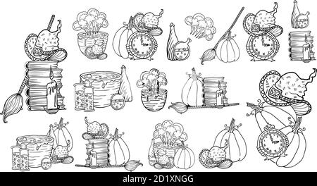 Halloween vector hand drawn compositions set. Vector illustration isolated on white blackground. Wall Clock, cat,pumpkin, bottles and cobweb for Happy Halloween holiday Stock Vector