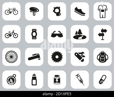 Biking & Biking Equipment Icons Black & White Flat Design Set Big Stock Vector