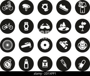 Biking & Biking Equipment Icons White On Black Flat Design Circle Set Big Stock Vector