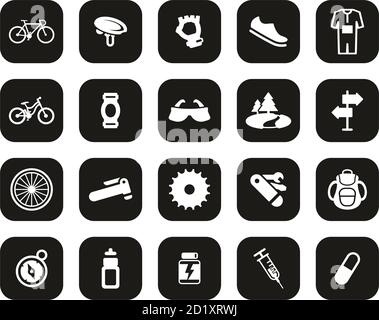 Biking & Biking Equipment Icons White On Black Flat Design Set Big Stock Vector