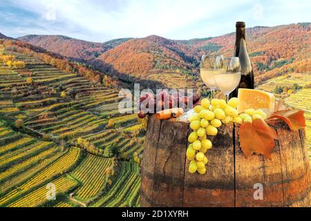 White wine with barrel on famous vineyards during autumn in Wachau, Austria Stock Photo