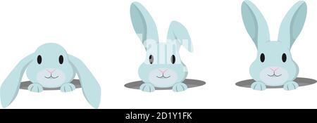 Rabbit peeps out of hole. Vector set of cute bunnies in cartoon style. Stock Vector