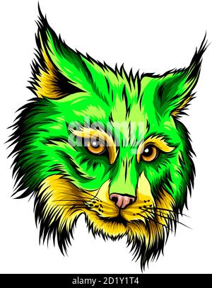 The illustration shows an angry bobcat face. The wild animal has sharp fangs and looks scary. Stock Vector