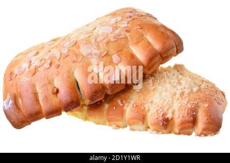 Sweet bun with icing sugar and peanut chips isolated Stock Photo
