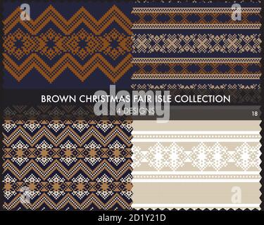 Christmas fair isle pattern collection includes 4 design swatches for fashion textiles, knitwear and Stock Vector