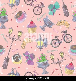 Seamless pattern with Paris, France elements. Pattern with coffee, bicycle, croissant, women's hat. Romantic pattern for girls Stock Vector