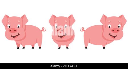 Little pig in different poses. Farm animal in cartoon style. Stock Vector