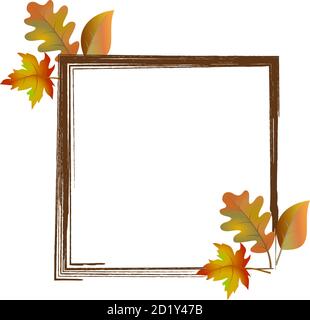 Brown rectangular autumn frame with maple, oak and birch leaves colored on orange, red, yellow, green Stock Vector