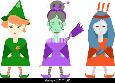 Set of three colorful cartoon characters, avatars of colored Halloween magic girls Stock Vector