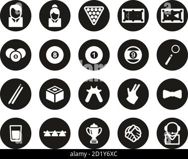 Billiards Or Pool Sport & Equipment Icons White On Black Flat Design Circle Set Big Stock Vector