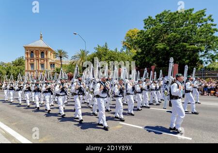 Seville, Spain - June 01, 2019: Military Emergency Unit (UME) during display of Spanish Armed Forces Day in Seville, Spain Stock Photo