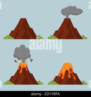 Set of volcanoes of varying degrees of eruption. Flat style illustration with isolated objects. Stock Vector