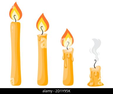 Set of wax candles. Different stages of burning. Stock Vector