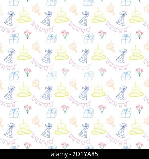 Seamless colorful pattern with birthday party decoration set  with transparent base Stock Vector