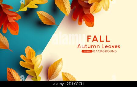 Autumn season background with falling autumn leaves and room for text. Flat lay Vector illustration Stock Vector