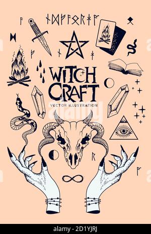 Witchcraft traditional objects of the occult including snakes, casting spells, ram skull, tarot cards and crystals. Vector illustration. Stock Vector