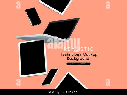 Modern technology mockup with falling communication devices inclugin a laptop, tablet and mobile smartphones. Realistic tech vector illustration. Stock Vector