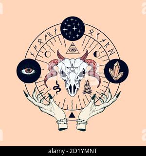 Witchcraft, wicca and pagen layout design casting charms and spells. Vector illustration. Stock Vector