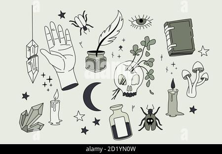 A collection of magical spells and occult elements. Vector illustration Stock Vector