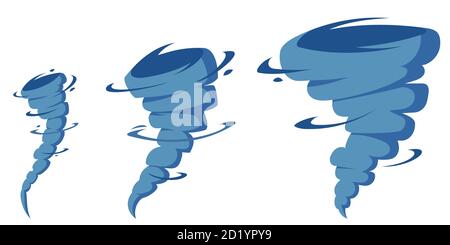 Tornado of different power. Set of illustrations in cartoon style. Stock Vector